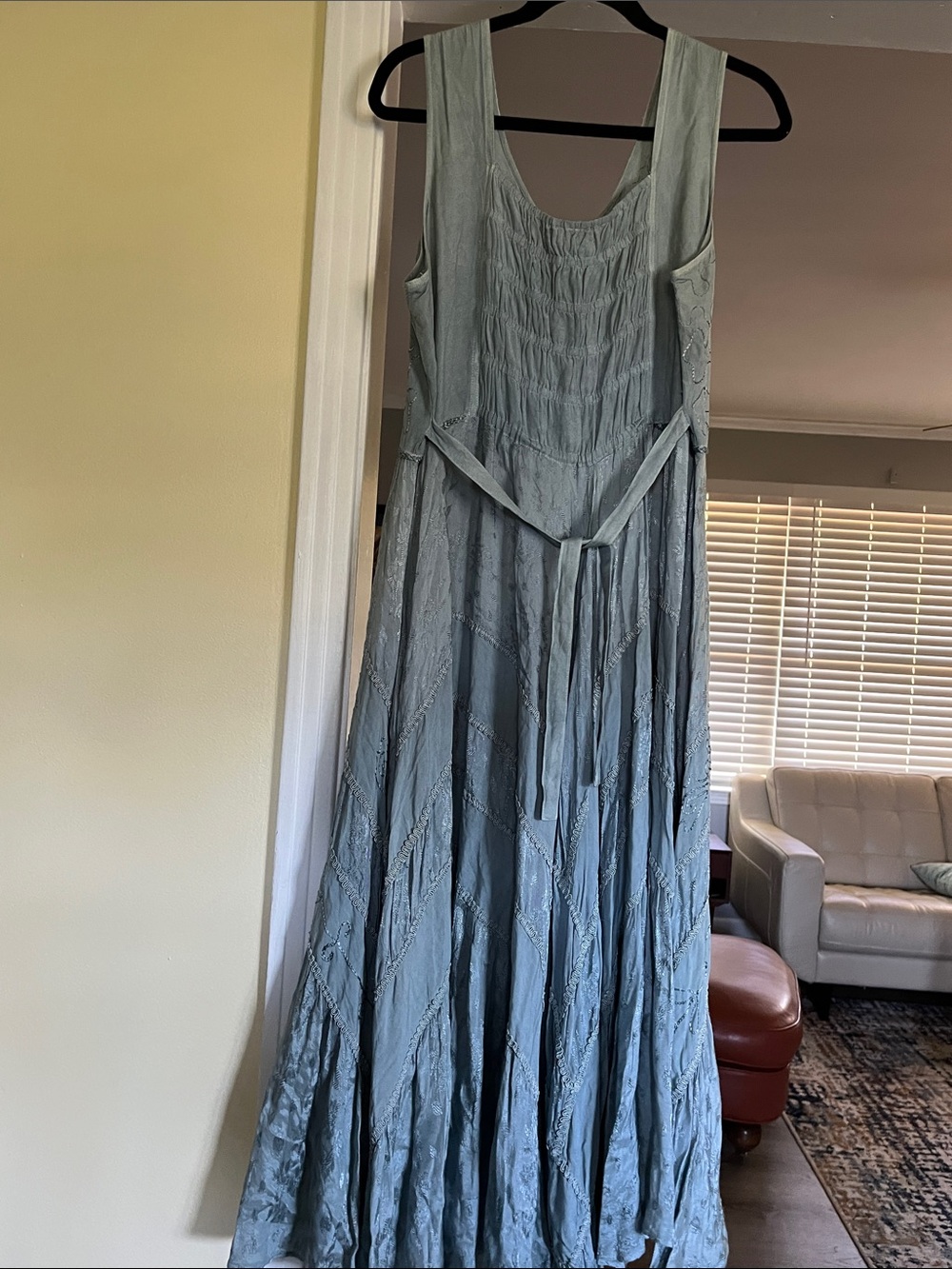 Scully Lace-Up Jacquard Midi Dress – Dusty Blue Size L Western Ranch - Picture 8 of 13